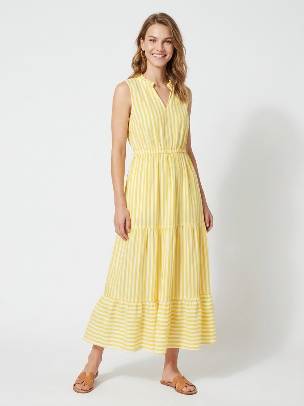 Sleeveless Yellow & White Stripe Maxi Dress with Ruffle Shoulders